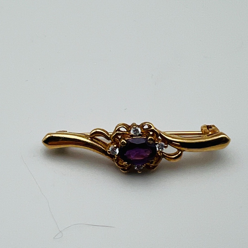 Vintage Brooch Bar Pin Gold Tone Purple and Clear Stone Accent 1.75 Inch